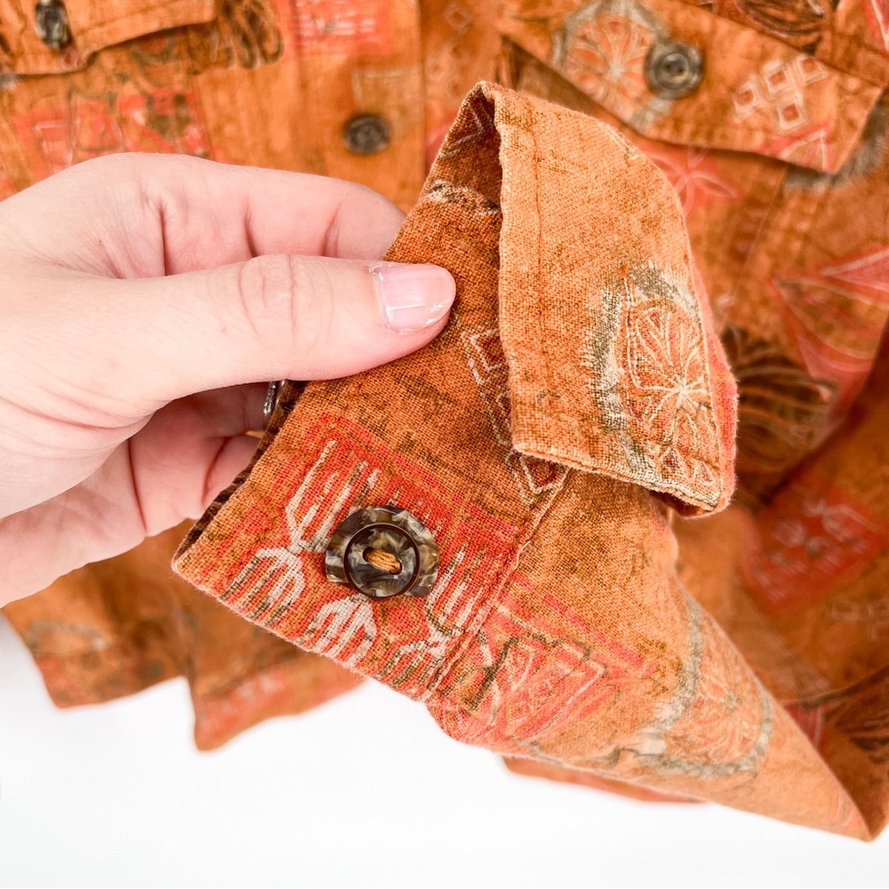 Christopher & Banks Y2K Abstract Tribal Linen Blend Button Down Top Orange Large - Picture 5 of 9